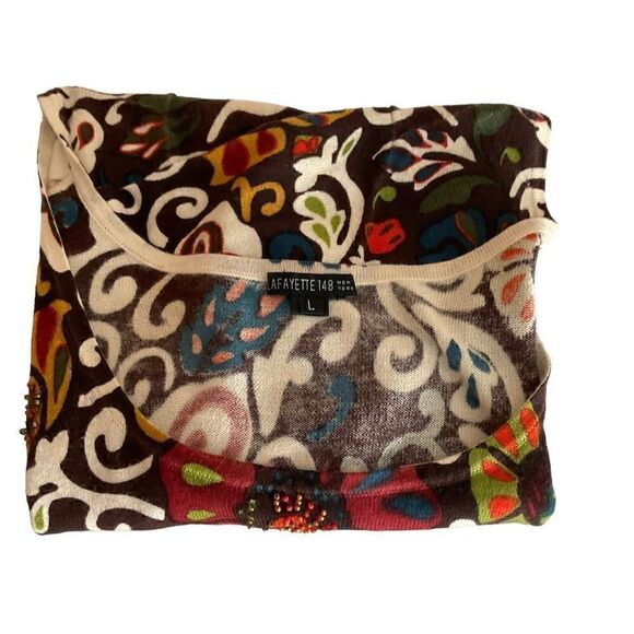 Lafayette 148 New York Blouse T-shirt Sequined Beaded Floral Tan Brown Red Large - Picture 9 of 11